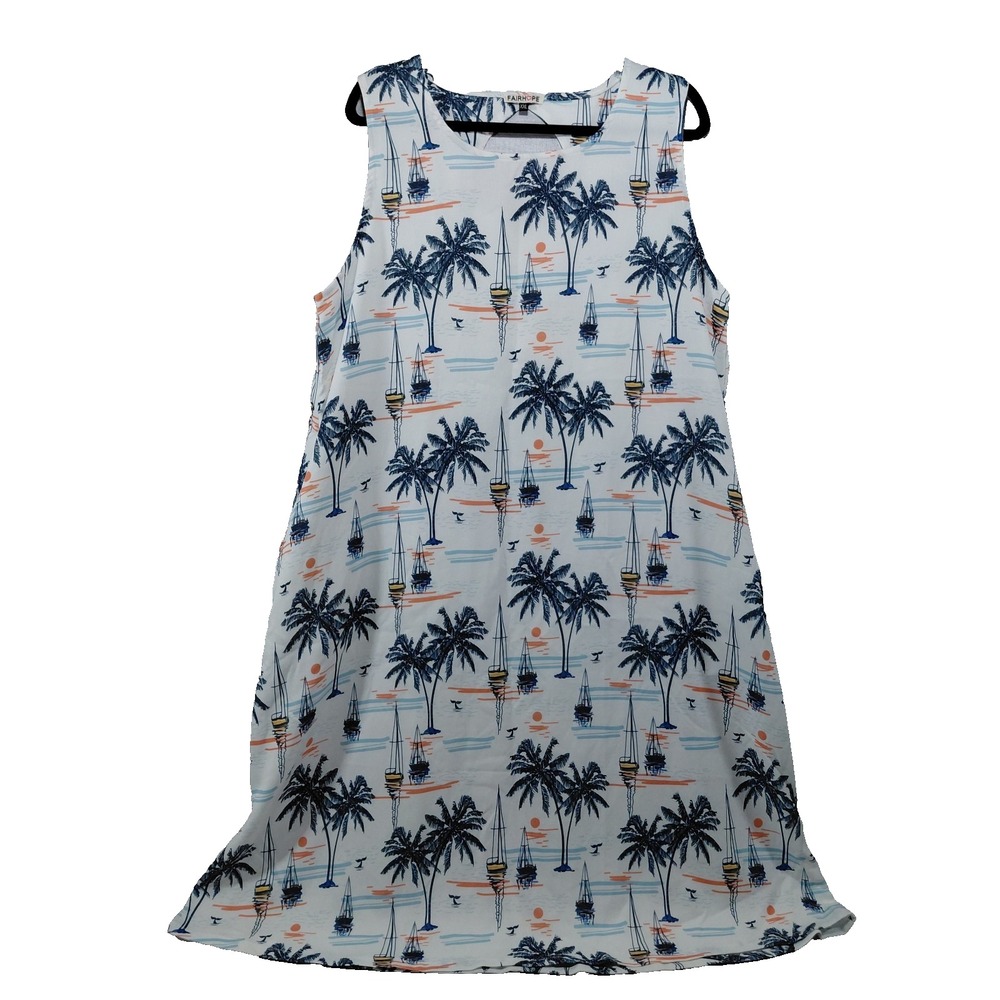 Fairhope Tropical Swing Dress Women's XXL Sleeveless Shift Palm Trees Sailboats